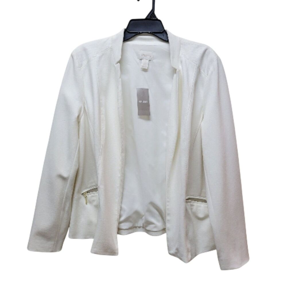 Chicos Off White Zip Pockets Long Sleeve Open Front Blazer - NWT - Picture 3 of 6